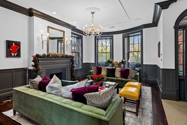 Chandelier, Fireplace, Interior, Living room, Recessed Lighting, Wood Texture Flooring
