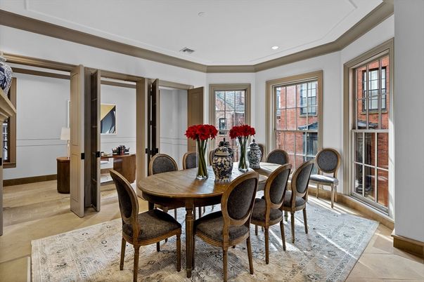 Dining room, Interior, Recessed Lighting, Wood Texture Flooring
