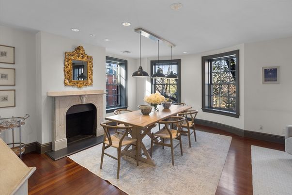 Dining room, Fireplace, Interior, Pendant Lights, Recessed Lighting, Wood Texture Flooring