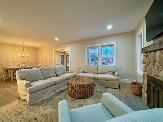 Dining room, Fireplace, Interior, Living room, Pendant Lights, Recessed Lighting, Stone Walls, Wood Texture Flooring