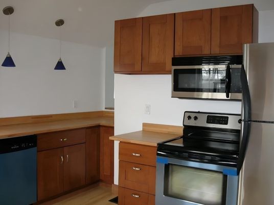Interior, Kitchen, Pendant Lights, Stainless Steel Appliances, Wood Texture Flooring
