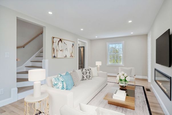 Fireplace, Interior, Living room, Recessed Lighting, Wood Texture Flooring