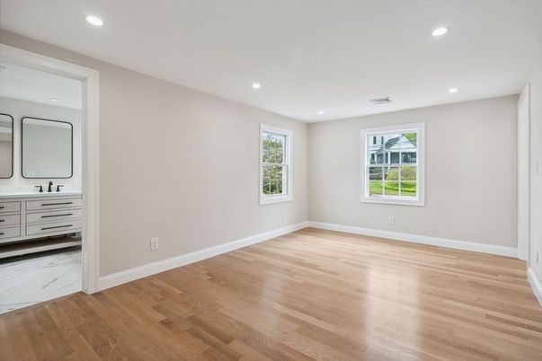 Bathroom, Empty room, Interior, Marble, Recessed Lighting, Wood Texture Flooring
