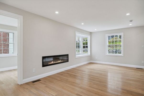 Empty room, Fireplace, Interior, Recessed Lighting, Wood Texture Flooring