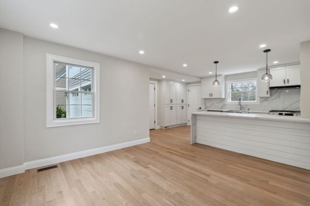 Interior, Kitchen, Marble Walls, Pendant Lights, Recessed Lighting, Wood Texture Flooring