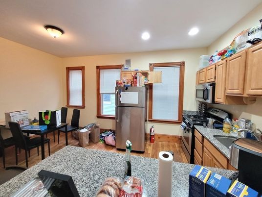 Dining room, Interior, Kitchen, Recessed Lighting, Wood Texture Flooring