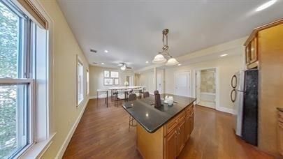Chandelier, Dining room, Interior, Kitchen, Pendant Lights, Recessed Lighting, Wood Texture Flooring