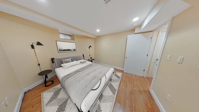 Bedroom, Interior, Recessed Lighting, Wood Texture Flooring