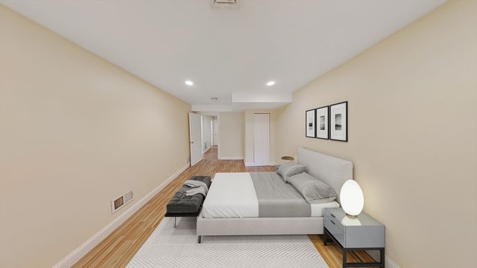 Bedroom, Interior, Recessed Lighting, Wood Texture Flooring