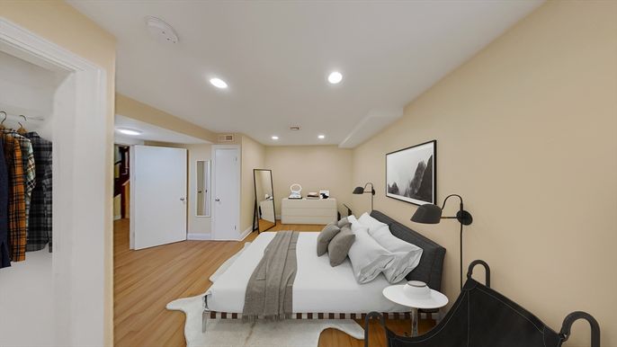 Bedroom, Interior, Recessed Lighting, Wood Texture Flooring