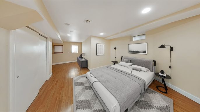 Bedroom, Interior, Recessed Lighting, Wood Texture Flooring