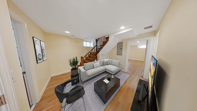 Interior, Living room, Recessed Lighting, Wood Texture Flooring