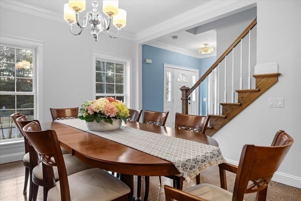 Chandelier, Dining room, Interior, Wood Texture Flooring