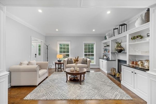 Fireplace, Interior, Living room, Recessed Lighting, Wood Texture Flooring