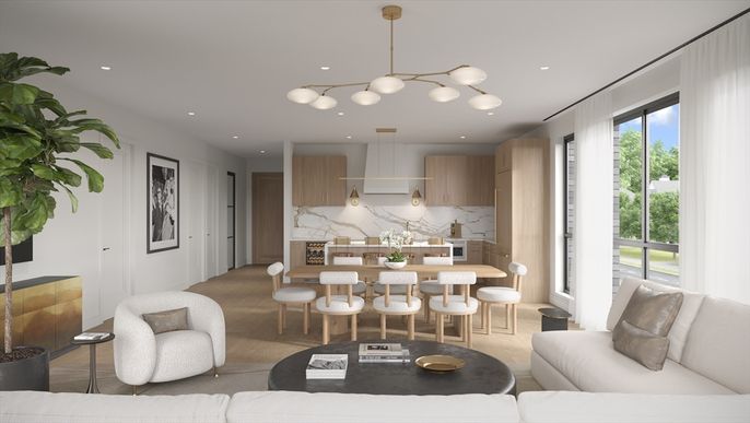 Dining room, Interior, Kitchen, Living room, Marble Walls, Pendant Lights, Recessed Lighting