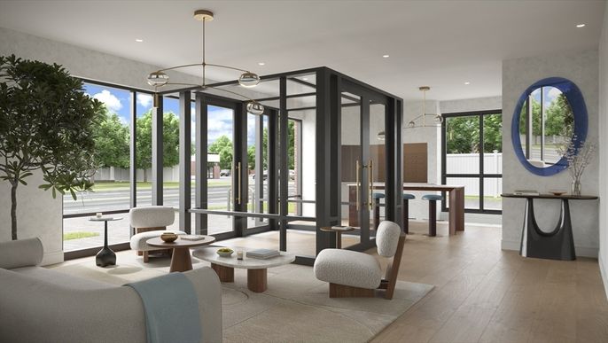 Dining room, Interior, Living room, Pendant Lights, Recessed Lighting, Wood Texture Flooring