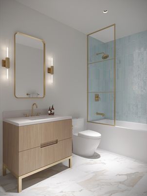 Bathroom, Dual Sink Vanities, Glass Shower, Interior, Marble, Recessed Lighting