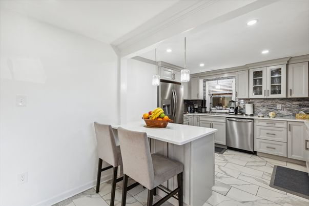 Interior, Kitchen, Marble, Pendant Lights, Recessed Lighting, Stainless Steel Appliances
