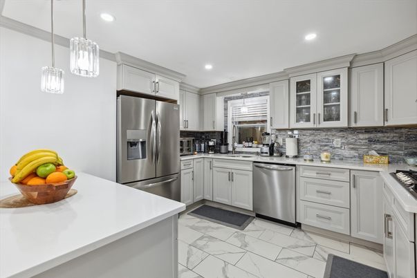 Interior, Kitchen, Marble, Pendant Lights, Recessed Lighting, Stainless Steel Appliances