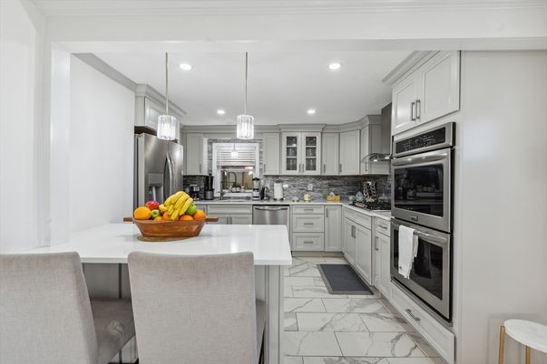 Interior, Kitchen, Marble, Pendant Lights, Recessed Lighting, Stainless Steel Appliances
