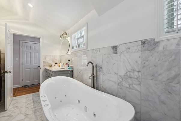 Bathroom, Interior, Marble, Marble Walls, Recessed Lighting, Wood Texture Flooring