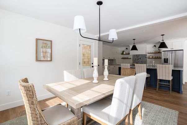 Dining room, Interior, Kitchen, Pendant Lights, Recessed Lighting, Stainless Steel Appliances, Wood Texture Flooring