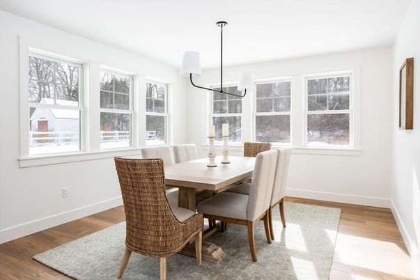 Dining room, Interior, Pendant Lights, Wood Texture Flooring