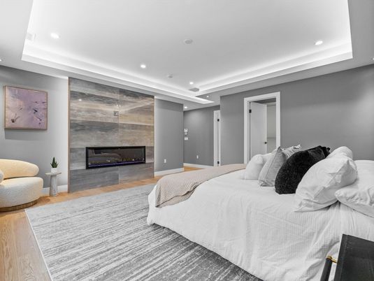 Bedroom, Fireplace, Interior, Recessed Lighting, Wood Texture Flooring