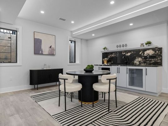 Dining room, Interior, Marble Walls, Recessed Lighting, Wood Texture Flooring