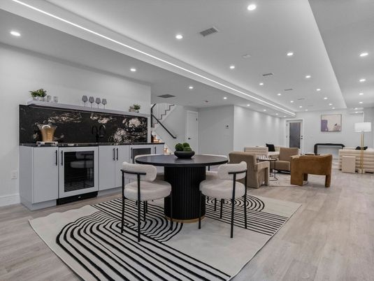 Dining room, Game Room, Interior, Living room, Recessed Lighting, Wood Texture Flooring