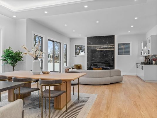 Dining room, Fireplace, Interior, Marble Walls, Recessed Lighting, Wood Texture Flooring