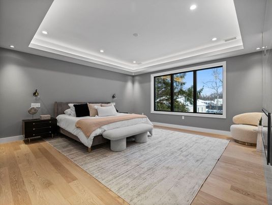 Bedroom, Interior, Recessed Lighting, Wood Texture Flooring