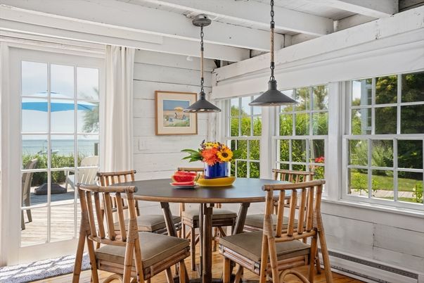 Dining room, Interior, Pendant Lights, Water, Wood Texture Flooring