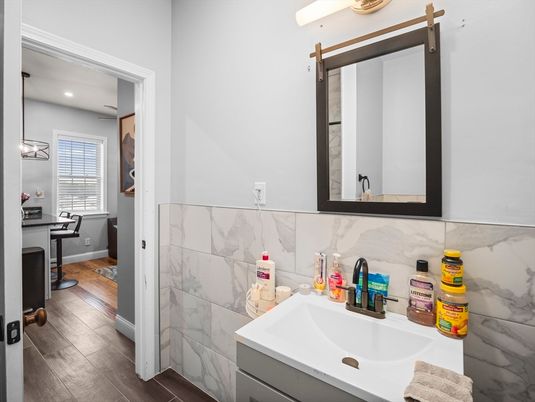 Bathroom, Interior, Marble Walls, Pendant Lights, Recessed Lighting, Wood Texture Flooring