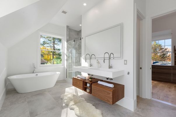 Bathroom, Dual Sink Vanities, Free Standing Baths, Glass Shower, Interior, Recessed Lighting, Wood Texture Flooring