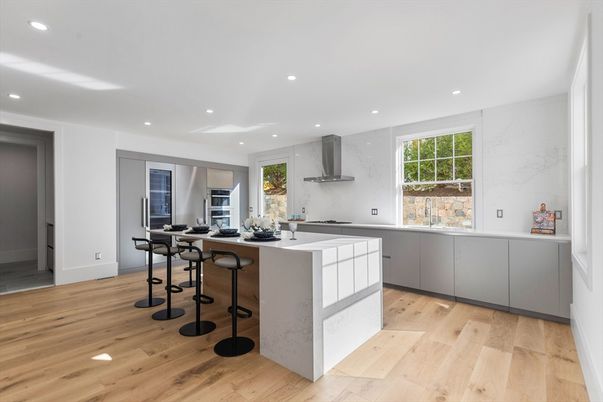 Interior, Kitchen, Marble Walls, Recessed Lighting, Wood Texture Flooring