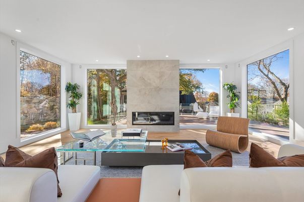 Fireplace, Interior, Living room, Recessed Lighting, Wood Texture Flooring
