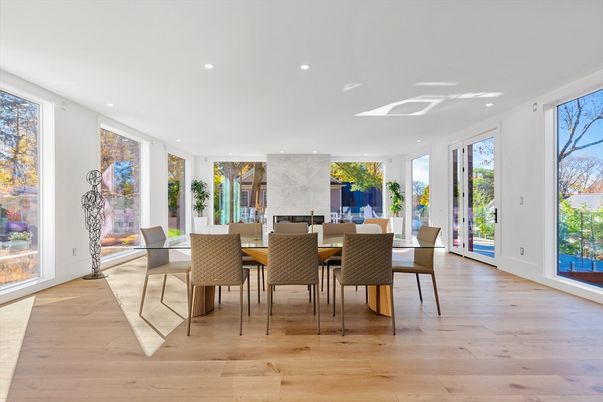 Dining room, Interior, Recessed Lighting, Wood Texture Flooring