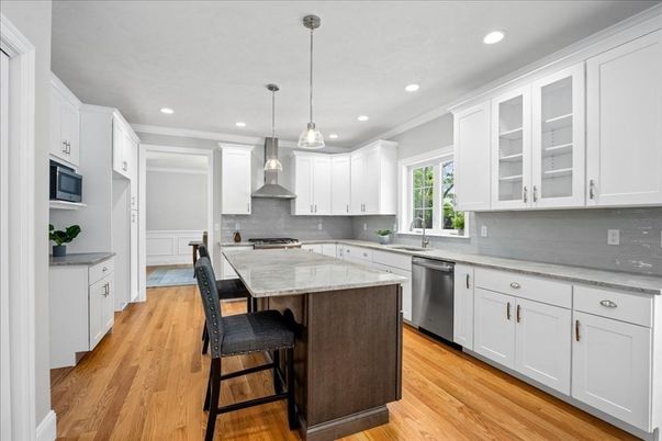Interior, Kitchen, Pendant Lights, Recessed Lighting, Stainless Steel Appliances, Wood Texture Flooring