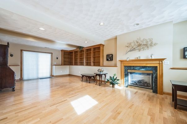 Empty room, Fireplace, Interior, Recessed Lighting, Wood Texture Flooring