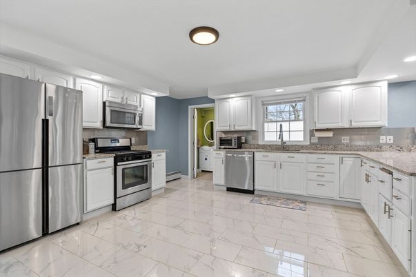 Interior, Kitchen, Marble, Recessed Lighting, Stainless Steel Appliances