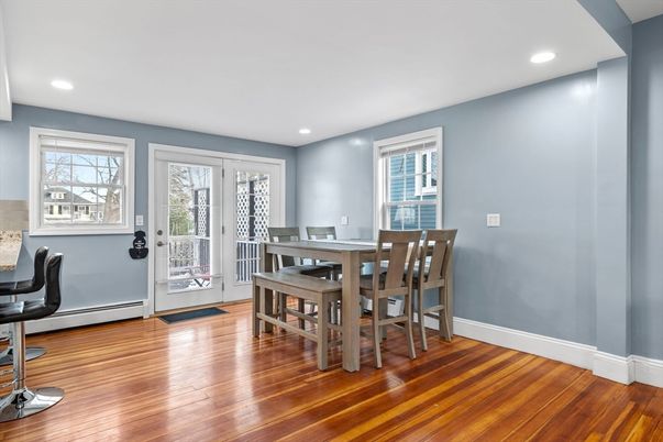 Dining room, Interior, Recessed Lighting, Wood Texture Flooring