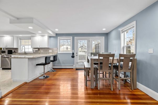 Dining room, Interior, Kitchen, Marble, Recessed Lighting, Wood Texture Flooring