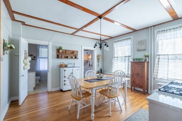 Dining room, Interior, Pendant Lights, Wooden Beams, Wood Texture Flooring