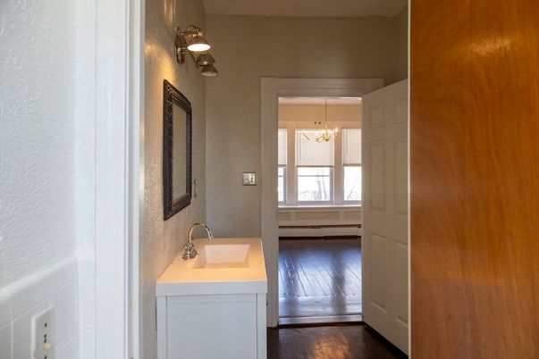 Bathroom, Chandelier, Interior, Wood Texture Flooring