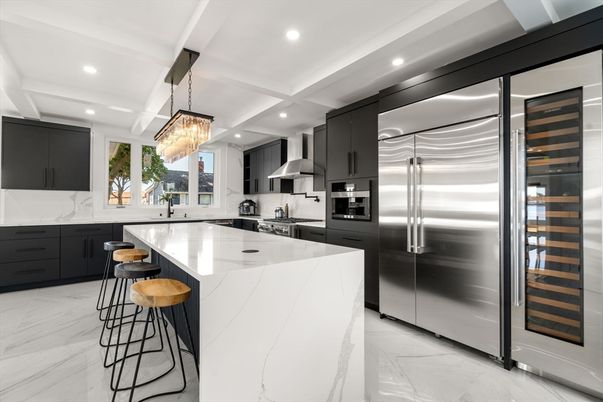 Interior, Kitchen, Marble, Pendant Lights, Recessed Lighting, Stainless Steel Appliances