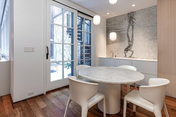Dining room, Interior, Pendant Lights, Recessed Lighting, Wood Texture Flooring