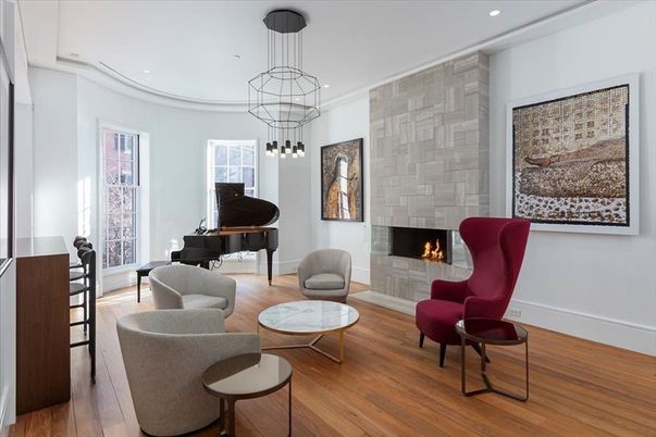Fireplace, Interior, Living room, Pendant Lights, Piano, Recessed Lighting, Stone Walls, Wood Texture Flooring