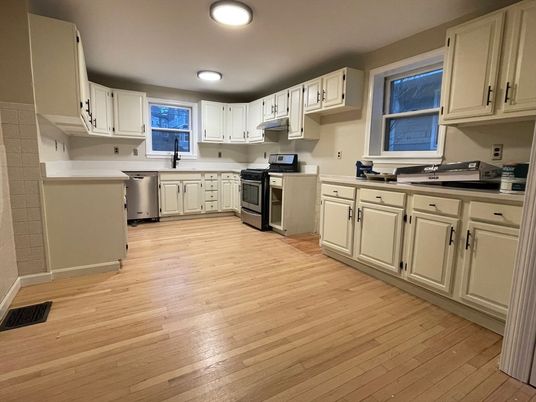 Interior, Kitchen, Recessed Lighting, Stainless Steel Appliances, Wood Texture Flooring