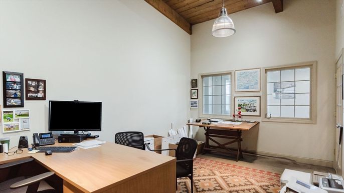 Home Office, Interior, Pendant Lights, Recessed Lighting, Wooden Beams, Wooden Ceilings, Wood Texture Flooring